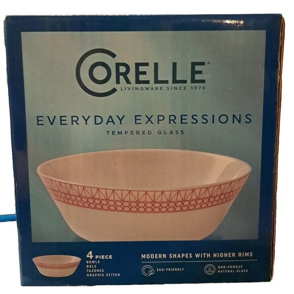 Corelle Other - 4 NEW Corelle Everyday Expressions Set Of 4 Graphic Stitch Bowls Red White